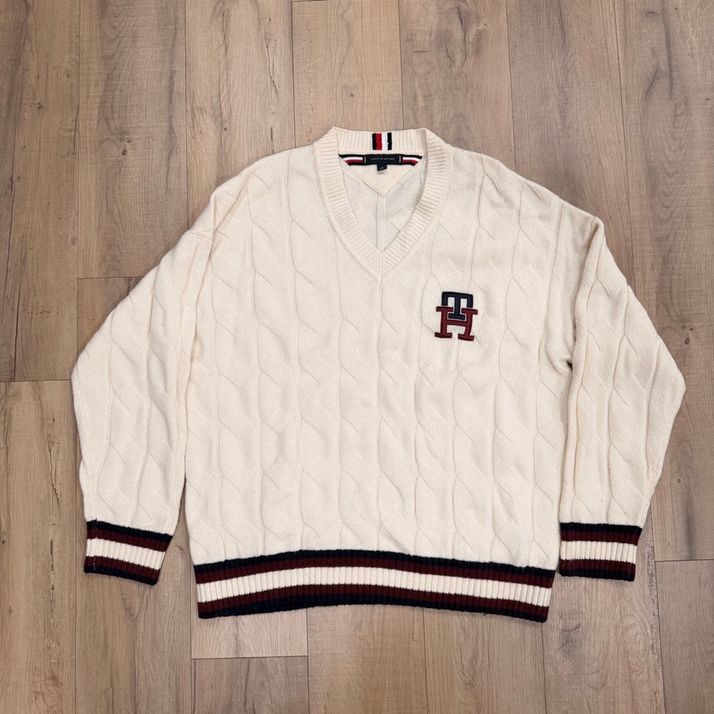Tommy Hilfiger Cream V-Neck Sweater with Logo